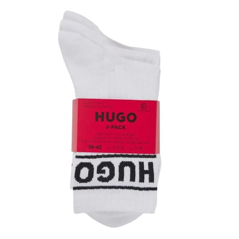 Hugo Mens Qsrib Sporty Lettering Crew Socks (Pack of 3) / White